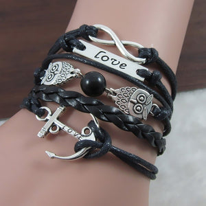 NEW Infinity Owl Love anchor Friendship Leather Charm Bracelet Silver Cute